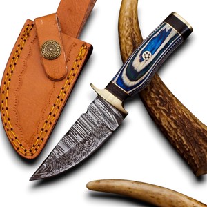 Razor Sharp Damascus Steel Fixed Drop Point EDC Knife Blue Pakka Wood Handle Brass Guard Premium OEM/ODM Skinner Camping Knife - Product Image 1