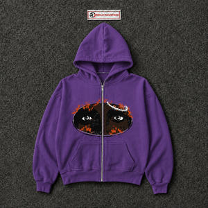 Sudadera con capucha morada extragrande personalizada con estampado gráfico de ojos, estilo streetwear unisex, con cremallera completa, para hombre y mujer - Product Image 5