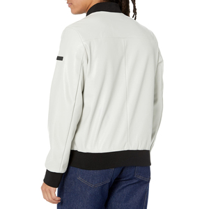 <b>Men's</b> White PU Bomber <b>Jacket</b> Regular Fit Turn-down Collar Zipper Closure Solid Color Casual Style <b>Jacket</b> Available For Sale - Product Image 5