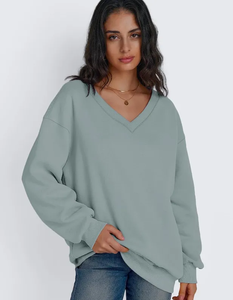 Sudadera Oversize de Mujer Azul Oscuro con Cuello en V, Manga Larga, Estilo Casual Urbano y Deportivo, Ropa al por Mayor OEM ODM - Product Image 5