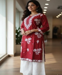 TRENDING COTTON EMBROIDERY WORK TOP BOTTOM SET DAILY WEAR WHOLESALE PRICE ETHNIC GARMENT MAROON - Product Image 1