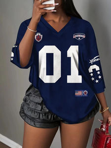 Nueva Camiseta de Mujer con Estampado Retro 01 Estilo Urbano, Cuello en V, Manga Corta, Estilo Deportivo, Jersey de Fútbol, Y2K, Holgada, Oversize - Product Image 3