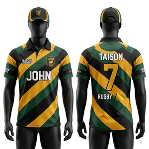 Maillot de rugby pour homme, tissu polyester respirant de haute qualité, beige et noir, design à panneaux horizontaux, logo sublimé. - Product Image 5