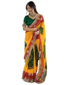 Sari de Diseño Georgette Mill Print con Bordado Intenso y Blusa Bordada de Seda Mono para un Atuendo Festivo Elegante - Product Image 2