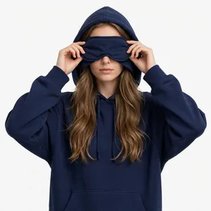 <b>Navy</b> Blue <b>Women's</b> Oversized Sleep Mask Hoodie Soft <b>Fleece</b> Pullover Kangaroo Pocket Drawstring Hood Casual Lounge Streetwear OEM - Product Image 1
