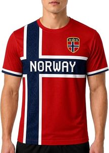 Maillot de football Norvège personnalisé avec nom et numéro, impression par sublimation, unisexe, manches courtes, design drapeau rouge, bleu et blanc, col rond, coupe classique - Product Image 2