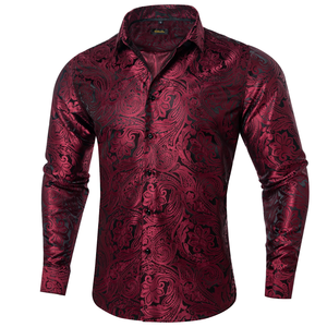 Chemises en polyester rouge uni à motifs paisley pour hommes, chemise habillée à manches longues pour mariage, bal de promo, vêtements de luxe pour hommes - Product Image 1