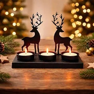 Portavelas de Reno Navideños de Metal de Latón, Juego de 3 para Decoración del Hogar con Velas de Té y Detalles de Pino - Product Image 4
