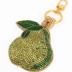Porte-clés brodé artisanal personnalisé en perles, motifs banane/cerise, soleil/hibou, vin, pour sacs, fabriqué à la main en Inde - Product Image 1