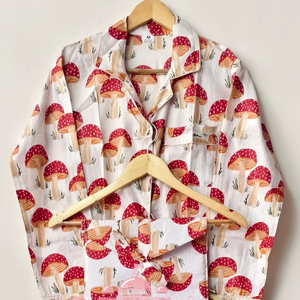 Premium Cotton Flock Print Mushroom Motif Summer Women's Soft Breathable Quick Dry Pajama Set Sleepwear Shirt Lounge Set - Product Image 1