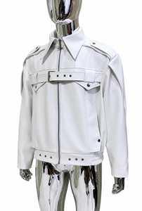 Chaqueta de Cuero Genuino Blanca para Hombre, Cuello Alto, Cierre de Cremallera, Bolsillos con Solapa, Mangas Regulares, Color Sólido, Estilo Casual - Product Image 2