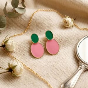 Boucles d'oreilles doubles ovales en or 14 carats rose et vert pour femme, bijoux de mode élégants, accessoire cadeau pour soirée - Product Image 1