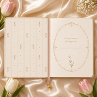 Agenda quotidien LABON personnalisé en cuir avec motif tulipe et perles, dorure céleste, couverture rigide, organiseur hebdomadaire esthétique