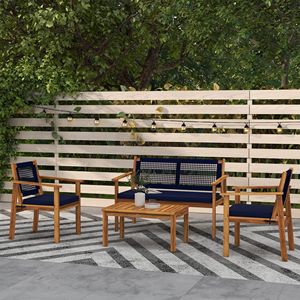 Set 4 mobili da giardino in legno di Acacia blu con cuscini e tavolino a doghe per cortile - Product Image 2