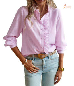 Blusas Elegantes de Primavera, Verano y Otoño para Mujer, Manga Corta, Cuello Camisero, Casual, Bordado, Decoración con Botones en la Parte Delantera - Product Image 1