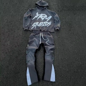 Ropa de calle personalizada No Hem Crop Sudadera con capucha para hombre 3D Puff Printing Hoodie y conjuntos de pantalones de chándal Acampanados para hombres y mujeres - Product Image 4