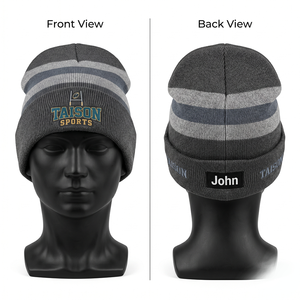 Premium 320 GSM Acrylic Knit Rugby Beanie Red <b>Navy</b> Striped Cuffed Design Custom Embroidery Logo Name - Product Image 4