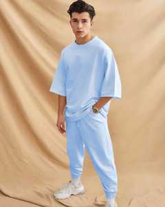 Conjunto Deportivo Informal para Hombre, Gris, de Algodón, Manga Tres Cuartos, Cuello Redondo, Corte Holgado, Color Sólido, Cintura Elástica - Product Image 2