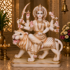 White Marble Durga Maa Statue on Lion | Handcrafted Durga Mata Murti with Ornate Crown and Golden Details by MALIYAS - Product Image 1
