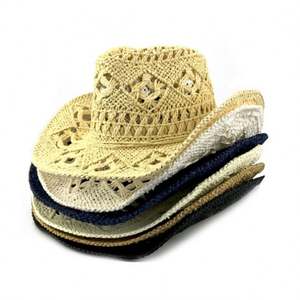 Sombreros de Vaquero de Paja de Verano al por Mayor, Diseño Calado Hecho a Mano, Estilo Occidental Liso para Adultos Unisex, para Exteriores - Product Image 1
