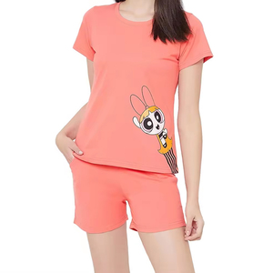 Conjunto de 2 Piezas para Mujer, Camiseta de Manga Corta con Estampado de Búho de Dibujos Animados y Pantalones Cortos, Cuello Redondo, Casual, Primavera Verano, Transpirable, 100% Algodón Tejido - Product Image 1