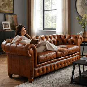 โซฟาหนังแท้เชสเตอร์ฟิลด์ 2 ที่นั่ง พร้อมพนักพิงแบบ Tufted และที่วางแขนแบบ Rolled หรูหราสำหรับห้องนั่งเล่น เฟอร์นิเจอร์สไตล์โมเดิร์นคลาสสิก - Product Image 2