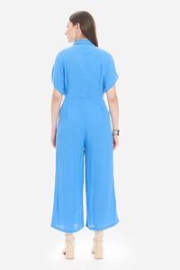 Women's Blue High Waist Crepe Jumpsuit Polo Collar Puff Short Sleeves Loose Fit Ankle Length Casual Printed Spring <b>Summer</b> Wear - Product Image 2