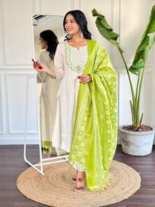 Embroidered Cotton <b>Kurta</b> Dupatta Set Traditional Indian Ethnic Wear for <b>Women</b> Wedding Party Casual Outfit - Product Image 1