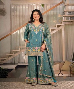 Conjunto de Palazzo de Seda Teal Bordada con Dupatta para Mujer, Estilo Tradicional Holgado Informal de India y Pakistán 86086 MARUTI 33-(MT-4027) - Product Image 1