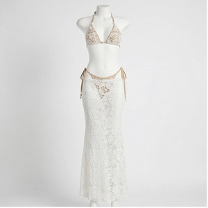 <b>White</b> <b>Lace</b> Halter Bikini Set With Floral Pattern Skirt And Adjustable Straps For Women - Product Image 1