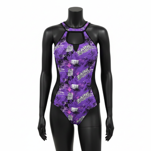 ชุดว่ายน้ำผู้หญิงคุณภาพสูง โพลีสแปนเด็กซ์ สีม่วงดำ ระบายอากาศได้ดี พร้อมแผงตาข่าย พิมพ์โลโก้ตามสั่ง สำหรับชุดว่ายน้ำผู้หญิง - Product Image 1
