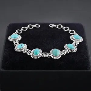 Bracelet à maillons en pierre turquoise en argent sterling 925 antique, style bohème, bijoux unisexes, cadeau - Product Image 2