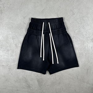 New Arrivals Summer Unisex Jogger Shorts 100% Cotton Distressed Sun Faded Double Waist <b>Layer</b> Plain Blank Sweat Shorts - Product Image 4