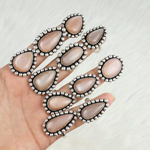 Wholesale Natural Peach Moonstone Vintage Christian Brass 925 Silver Plated <b>Statement</b> Handmade Beaded Edge Boho Fashion <b>Rings</b> - Product Image 6