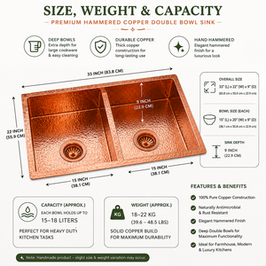 Fregadero Doble de Cobre Martillado Hecho a Mano para Cocina, Estilo Contemporáneo, Lavabo Metálico Duradero para Uso Doméstico - Product Image 5
