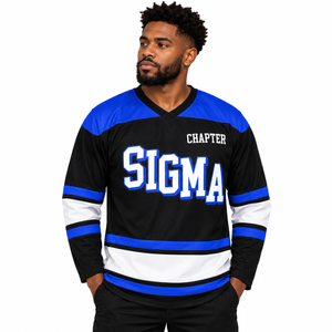 Maillot de hockey à manches longues pour homme Sigma Chapter, blanc et bleu roi, col en V, rayé, chemise de sport, uniforme d'équipe de fraternité personnalisé - Product Image 1