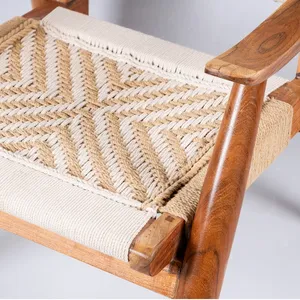 Vintage <b>Wooden</b> Armrest Chair with Handwoven Cotton Rope Backrest and Seat <b>Rustic</b> Indoor Lounge Furniture for Living Room Bedroom - Product Image 5