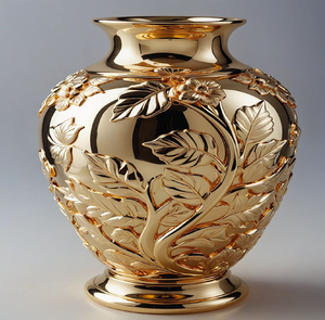 Exquisito Florero Dorado Brillante Tradicional para Mesa, Impresionantes Detalles Florales en Relieve, Decoración Premium para Bodas - Product Image 1