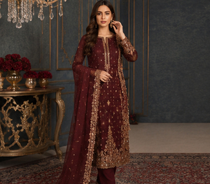 ชุดแต่งงานสีชมพูปักลายลูกไม้ยาวกรอมพื้น แขนยาว แบบ Anarkali ชุดเจ้าสาวปากีสถาน พร้อมผ้าคลุมไหล่สำหรับผู้หญิง - Product Image 4