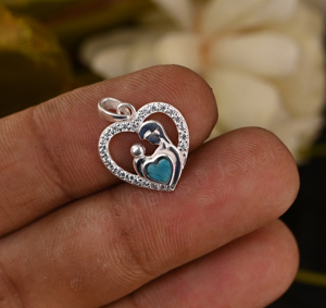 Arizona Turquoise 5mm Heart Shape Mother Baby Design Rhodium Sterling <b>Silver</b> Pendant Pave CZ Bezel Setting Unisex Gift Jewelry - Product Image 5