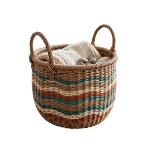 Cesta de ratán en tonos tierra con asas trenzadas, cesto de almacenamiento tejido a mano, organizador decorativo elegante para la decoración moderna del hogar. - Product Image 1