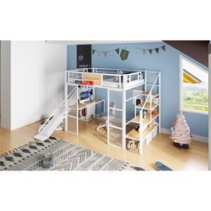 White <b>Full</b> Size Loft <b>Bed</b> with Built-in Desk Open Wardrobe Basketball Hoop Slide & Staircase-Kids' Furniture <b>Set</b> with 3.14 ETA - Product Image 5