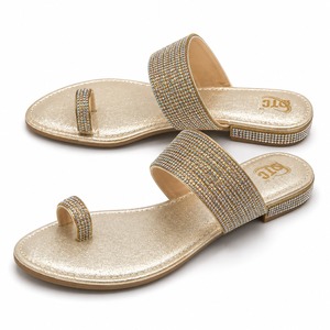 Women Open Toe Rhinestone Flat Sandals <b>Slip</b> on Mule <b>Slides</b> Gold Finish Anti <b>Slip</b> Breathable Casual Winter Footwear - Product Image 2