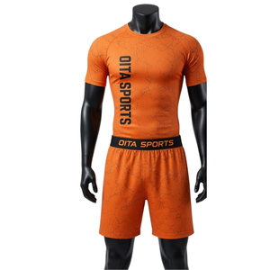 Orange <b>Black</b> <b>Men</b> Compression T-Shirt <b>Shorts</b> Set Knitted Summer Quick Dry Stretch Fitness Gym Training Running Workout - Product Image 1