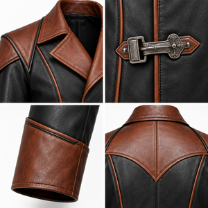 <b>Men's</b> Gothic Leather <b>Trench</b> <b>Coat</b> Black Brown Two Tone Long Overcoat with Metal Buckles - Product Image 6