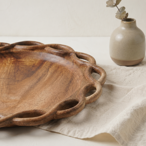 Vintage Luxury Acacia Wood <b>Dinner</b> Plate Hand Carved Braided Rim Decorative Display Dish Premium Round Wooden Salad Serving <b>Tray</b> - Product Image 2