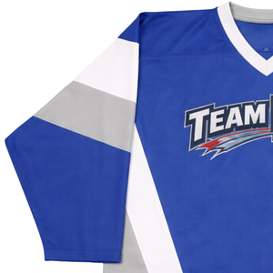 Camiseta de Hockey sobre Hielo Sublimada Personalizada en Azul, Blanco y Gris, Uniforme Profesional de Hockey con Nombre del Equipo, Camiseta Deportiva Transpirable para Hombre - Product Image 4