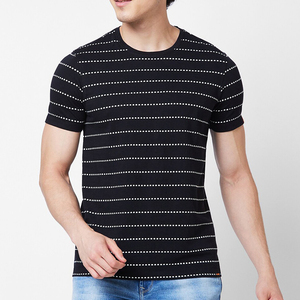 T-shirt à manches courtes en tricot rayé noir pour homme, col rond, coupe ajustée, style décontracté - Product Image 5