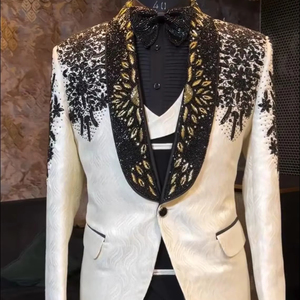 Men’s White Designer Tuxedo Suit with Black & Gold Embroidered Lapel – Luxury Wedding <b>Blazer</b> with Vest & Bow Tie - Product Image 1