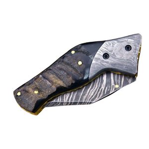 Couteau de chasse à lame fixe à motif Damas avec manche en bois poli, couteau de camping extérieur fait main avec étui en cuir durable - Product Image 2